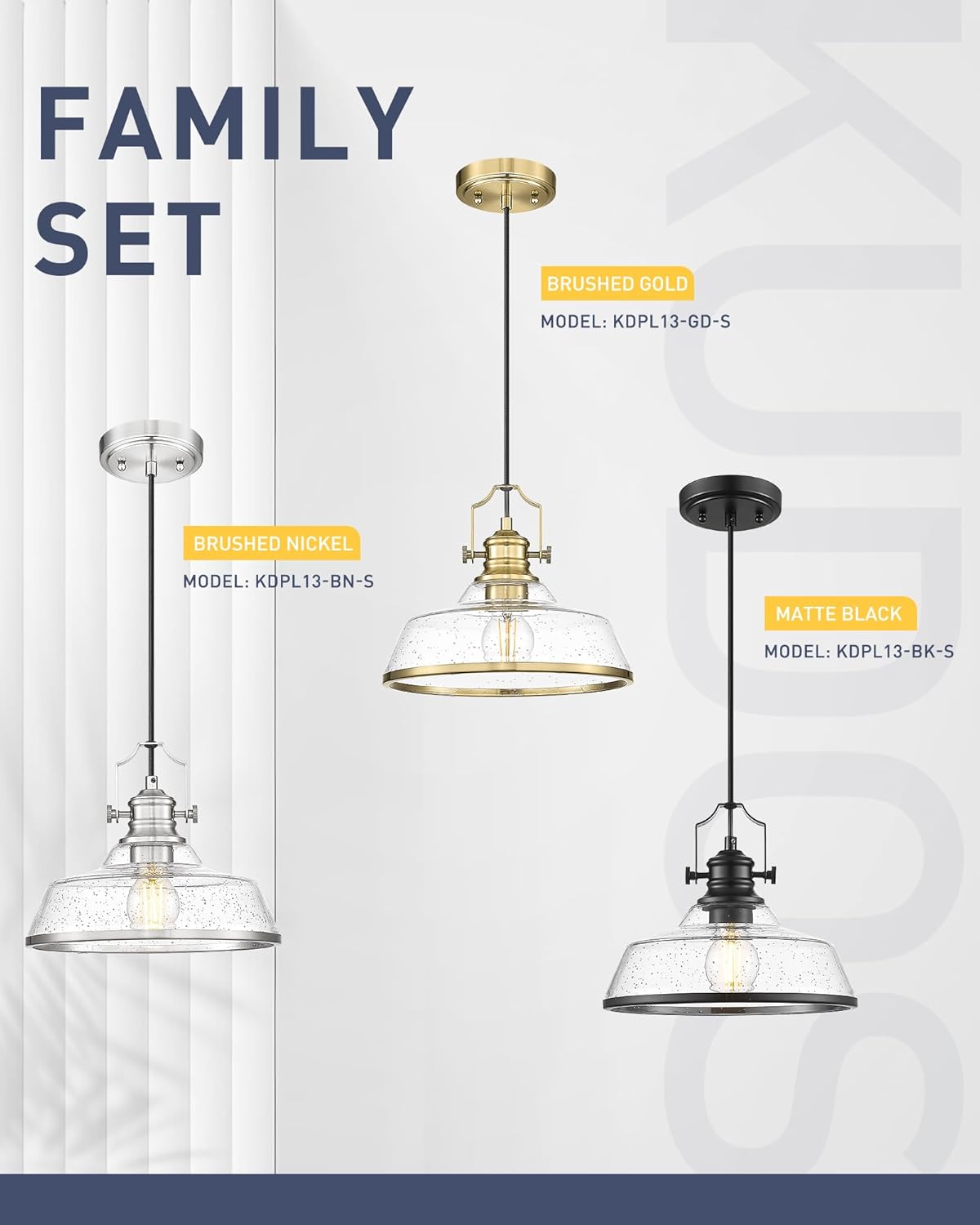 kudos Seeded Glass Pendant Light Kitchen Island, Adjustable Cord, Black Farmhouse Kitchen Light Fixture,KDPL13-BK-S