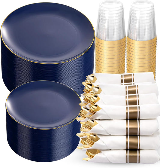KIRE 350Pcs Blue and Gold Plates -Heavy Duty Navy Blue Dinnerware Set - 100 Plastic Plates 50 Pre Rolled Napkins with Gold Plastic Silverware 50 Cups for Upscale Birthday/Wedding/Parties