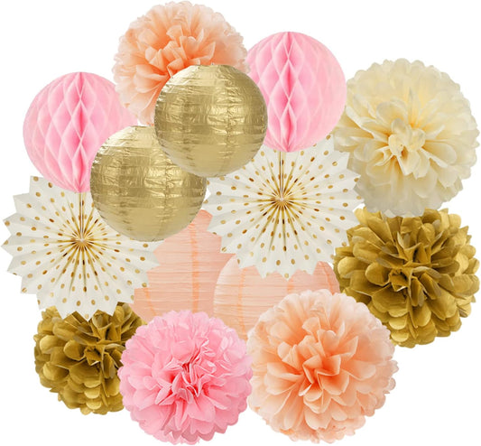 Pink Peach Gold Party Decorations - 14pcs Bridal Baby Shower Girls Birthday Paper Lanterns Fan,Tissue Pom Poms Streamers,Honeycomb Balls,Engagement Wedding Bachelorette Brunch Decor Lasting Surprise