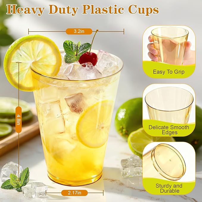 12 oz Plastic Cups Disposable Gold Clear Plastic Christmas Cups Cocktail Glasses 50 Pack Drinking Disposable Cups for Party,New Year,Birthday, Wedding, Graduation