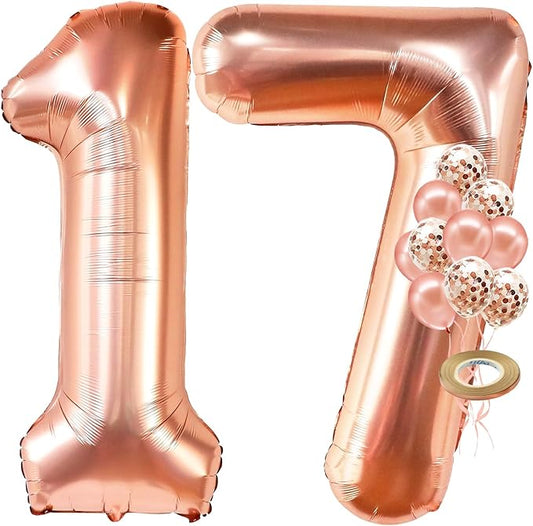 KatchOn, Giant Rose Gold 17 Balloon Numbers - 40 Inch | 17 Birthday Balloons, Confetti Balloons Set | Happy 17th Birthday Decorations for Girls | 17 Balloon Numbers, 17 Birthday Decorations for Girls