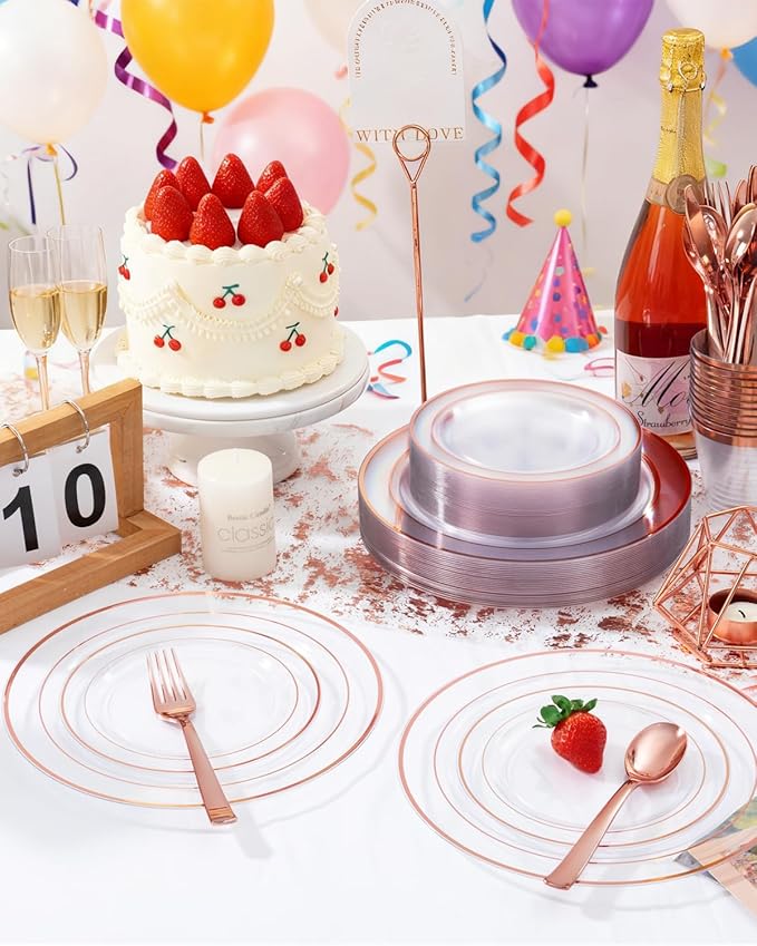 GATHER 700PCS Rose Gold Plastic Plates - Clear Rose Gold Rim Disposable Dinnerware Set Includes 200 Plates, 300 Silverware, 100 Napkins, 100 Cups for Party & Wedding & Valentine's Day