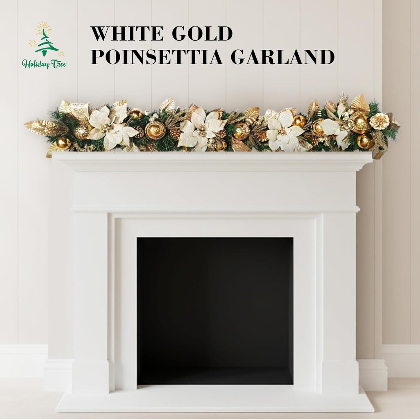 Holiday Tree White Gold Poinsettia Garland 5 Ft – Luxurious Christmas Garland with Metallic Accents, Festive Home Décor for Mantels, Doors & Tables