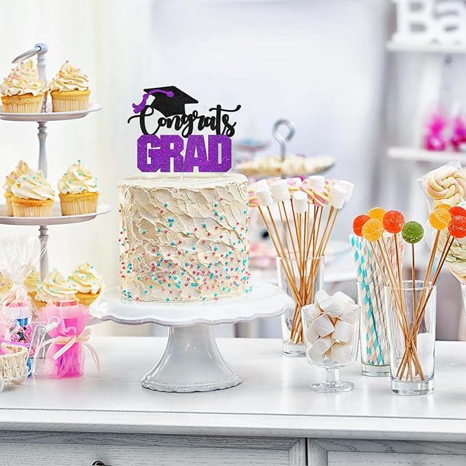 Congrats Grad Cake Topper - High Sohool/College Graduation Party Decoration Supplies - Congratulations Class of 2025 Party Cake Decorations (Purple)