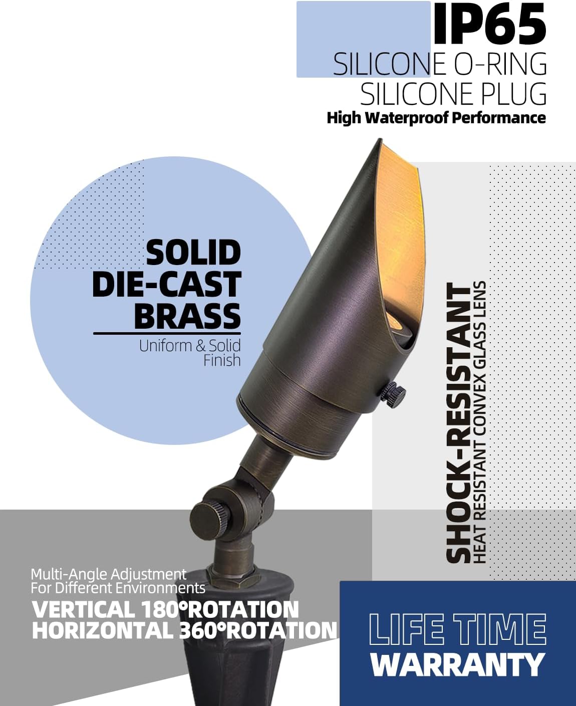 MALORY Brass Landscape Spotlight 10-Pack with MR16 Bulb Kit(S04), Low Voltage 12V AC/DC Shroud Adjustable Outside Yard Lights,PVC Ground Stake and Wire Connector Included, 5W 2700K Warm White
