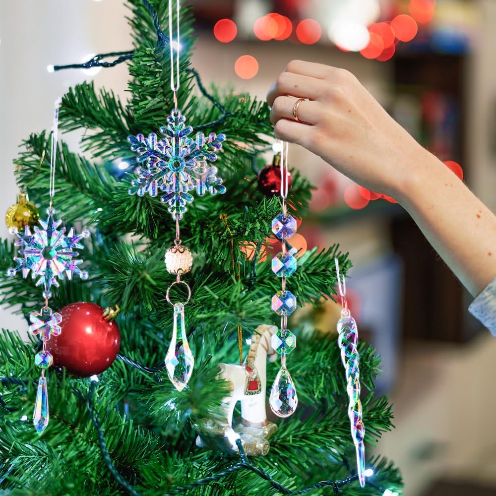 Lanpn 26pcs Christmas Ornaments Crystal Christmas Tree Decoration, Iridescent Hanging Clear Acrylic Snowflake Icicle Pendants Drop for Xmas Winter Outdoor Indoor Party Decoration Supplies Colorful