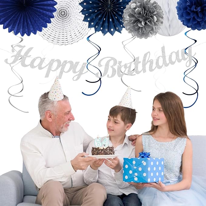 Navy-Blue White Sliver Birthday Party-decorations - 21pcs Men Boys Adult Happy Banner Garland, Royal Paper Streamers Lanterns,Flower Tissue Pom Poms Fan Supplies, Wall Backdrop Decor Huglony