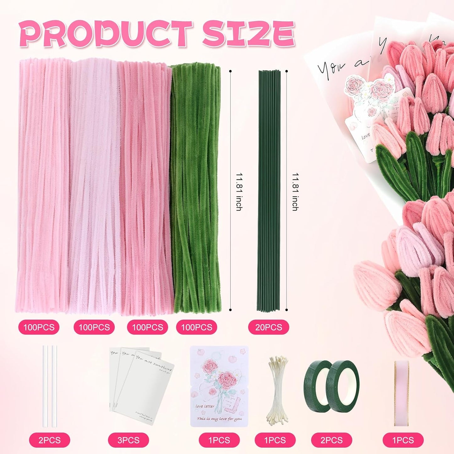 400 Pcs Soft Craft Pipe Cleaners Flowers,4 Colors Chenille Stems Bulk with Floral Wires,Tape,Greeting Card,Bouquet Paper,Hot Glue Stick,Stamen & Ribbon, Holiday Gifts for Women,Men,Teens,Elder