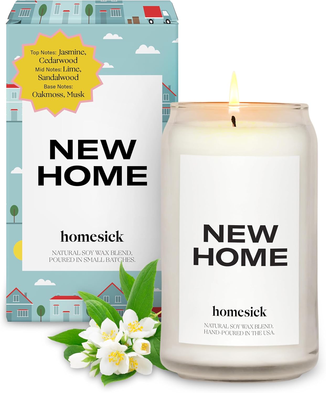 Homesick Scented Candles for Home (New Home) - 13.75 oz Long-Lasting Soy Wax Blend Jar Candle for Housewarming, 60-80 Hours Burn Time - Notes of Jasmine, Cedarwood, Lime, Sandalwood, Oakmoss & Musk