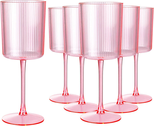 Ciaell 12 PCS Pink Plastic Ribbed Wine Glasses - 10 OZ Plastic Square Wine Glasses with Stem - Disposable Champagne Cups for Parties & Weddings & Party