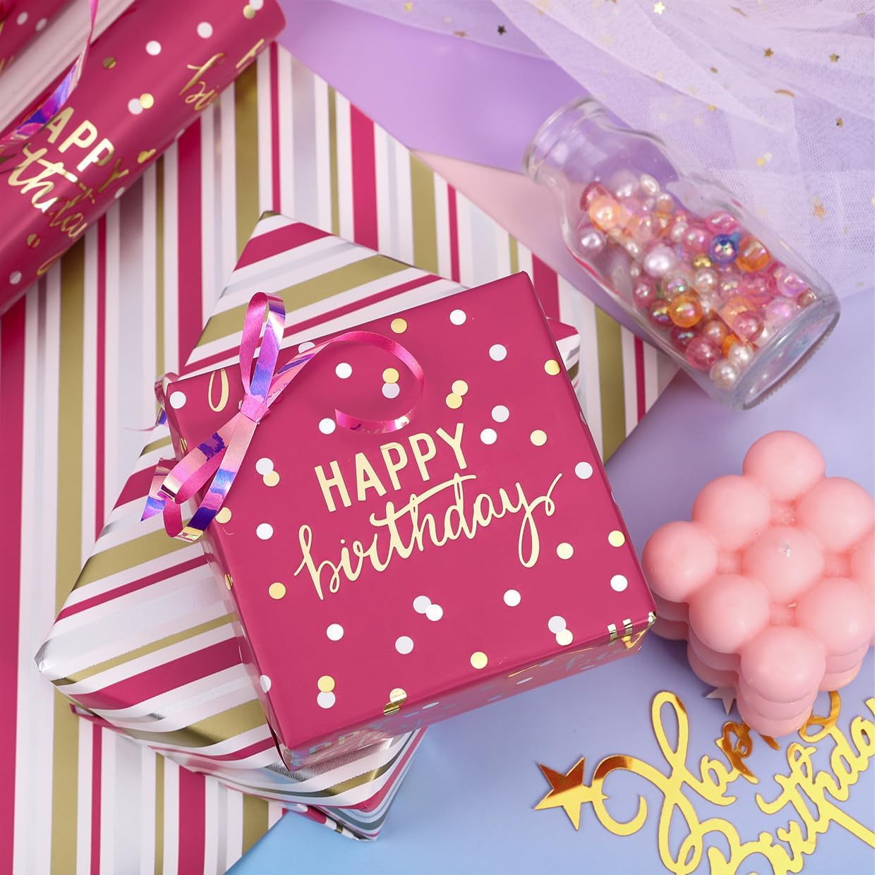 LeZakaa Reversible Pink Birthday Wrapping Paper Roll for Girls Women, Happy Birthday Lettering & Stripe Pattern with Metallic Foil in Rose Pink, Mini Roll, 17 inches x 32.8 Feet (46.45 sq.ft.)