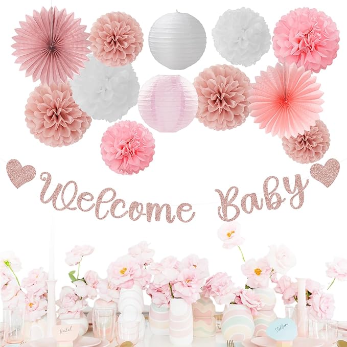 Rose-Gold Pink-White Baby Shower Party-Decorations - 22pcs Girls Welcome Baby Banner, Paper Lanterns Streamers, Tissue Pom Poms Flowers Fans Decor Supplies Hugmoon
