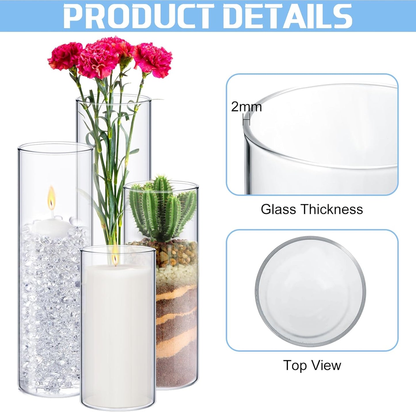 Sawysine 64 Pcs Glass Cylinder Vases 2.5''/2.95''/3.9'' Diameter Clear Flowers Vase Hurricane Floating Candles Holders for Table Centerpieces (2.95 x 6 in,2.95 x 8 in,2.95 x 10 in,2.95 x 12 in)