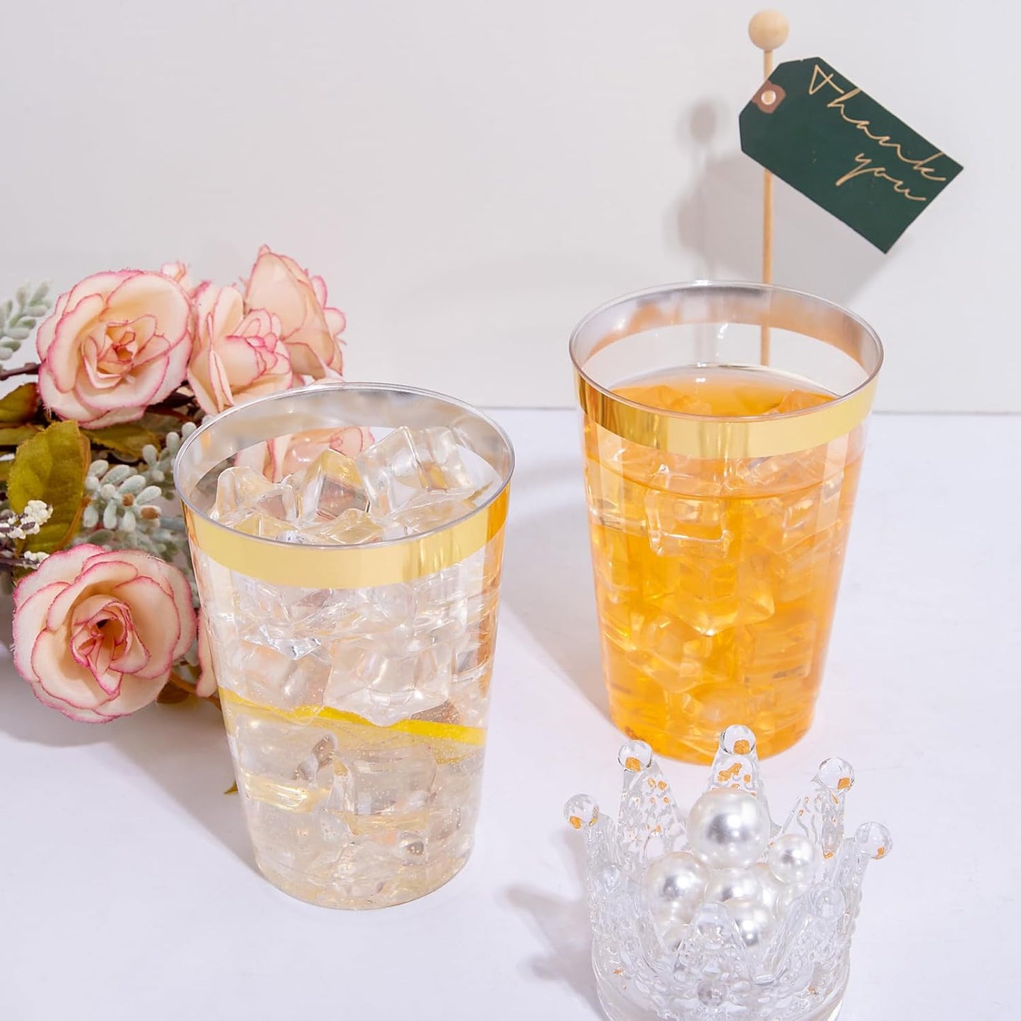 I00000 100 Pack 12 oz Gold Plastic Cups, Gold Rimmed Disposable Cups, Disposable Wine Glasses Cocktail Glasses Premium Cup with Golden Rim, 12 Ounce Plastic Tumblers for Party & Wedding