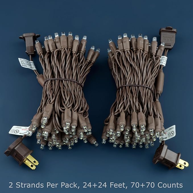 Cool White Wide Angle One-Piece LED Christmas Lights 48 Feet 140 Count, Pack of 2 Strands 70ct 5mm High Waterproof UL Certified Brown Cord String Lights