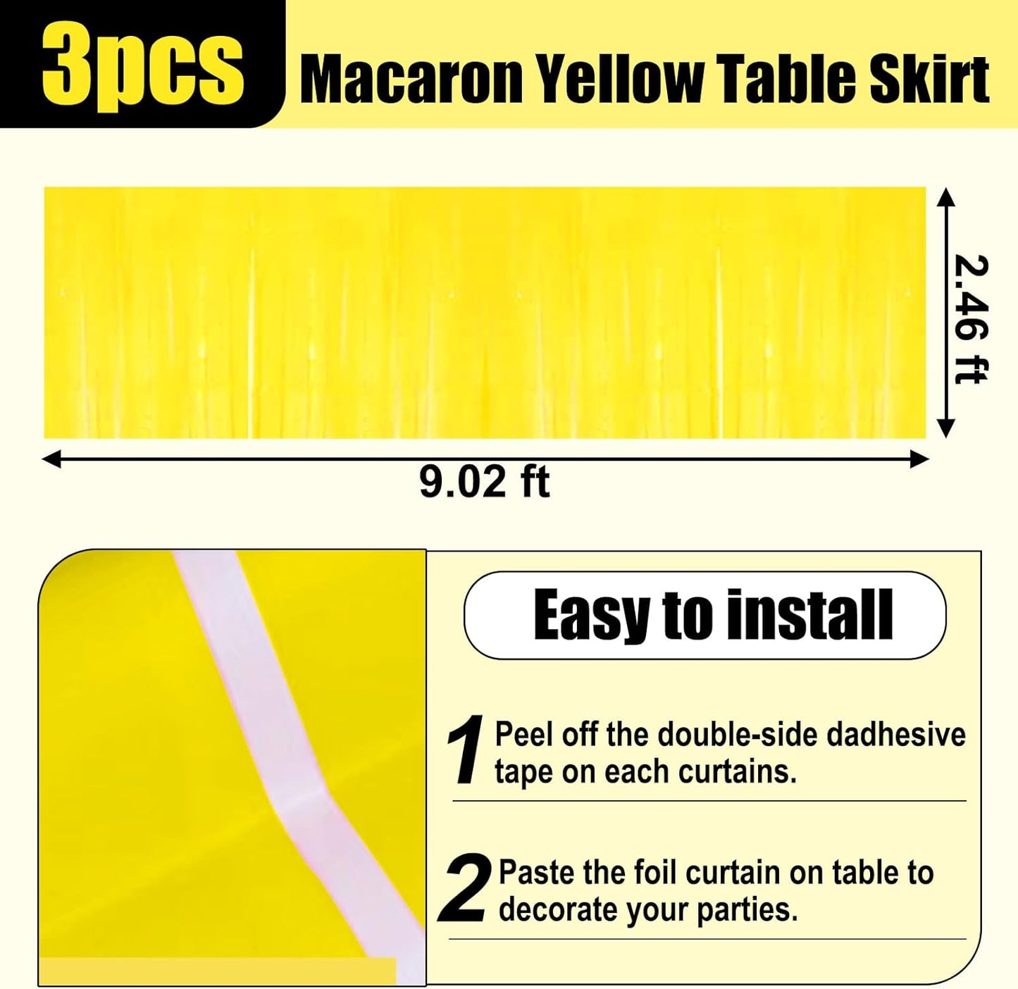 3 Pack 29x108 Inch Macaron Yellow Foil Fringe Table Skirts Metallic Banner for Tinsel Streamer Garland Backdrop for Parade Floats Wedding Thanksgiving Birthday Christmas Halloween Party Decoration