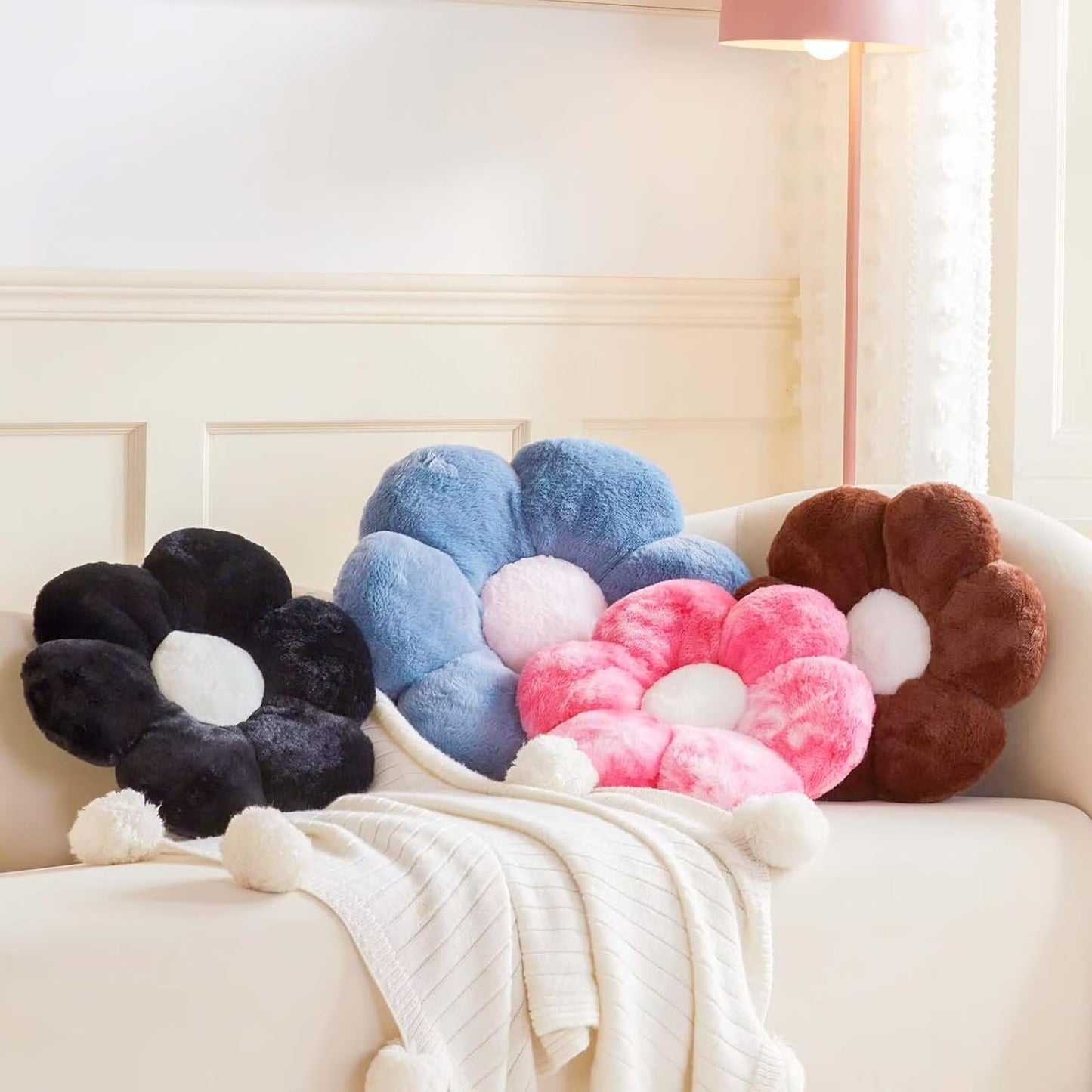 Dusty Blue Flower Shaped Throw Pillow with Faux Rabbit Fur, 14.9" Soft Plush Throw Pillow for Bedroom Living Room