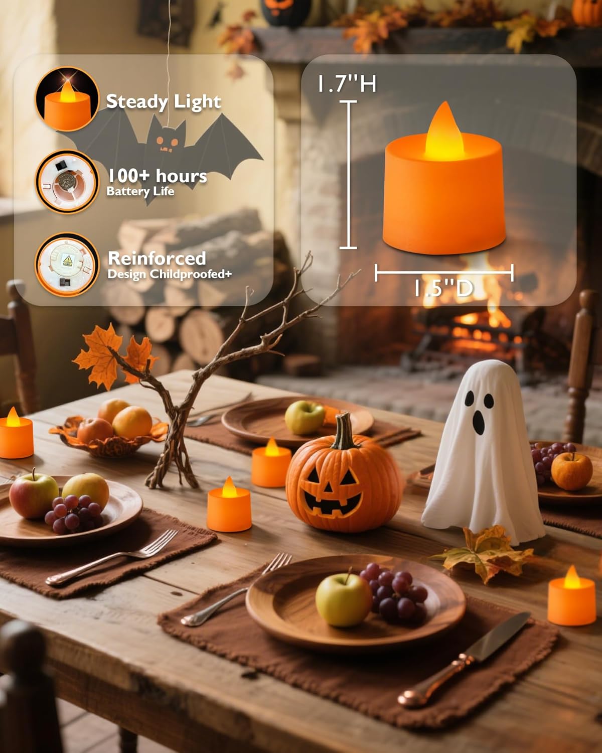 Amagic 24 Pack Halloween Orange LED Tea Lights, Flameless Votive Candles Battery Operated, Electric Fake Colored Tealights Candles for Party, Christmas, Thanksgiving, Table Centerpiece, Holiday Decor