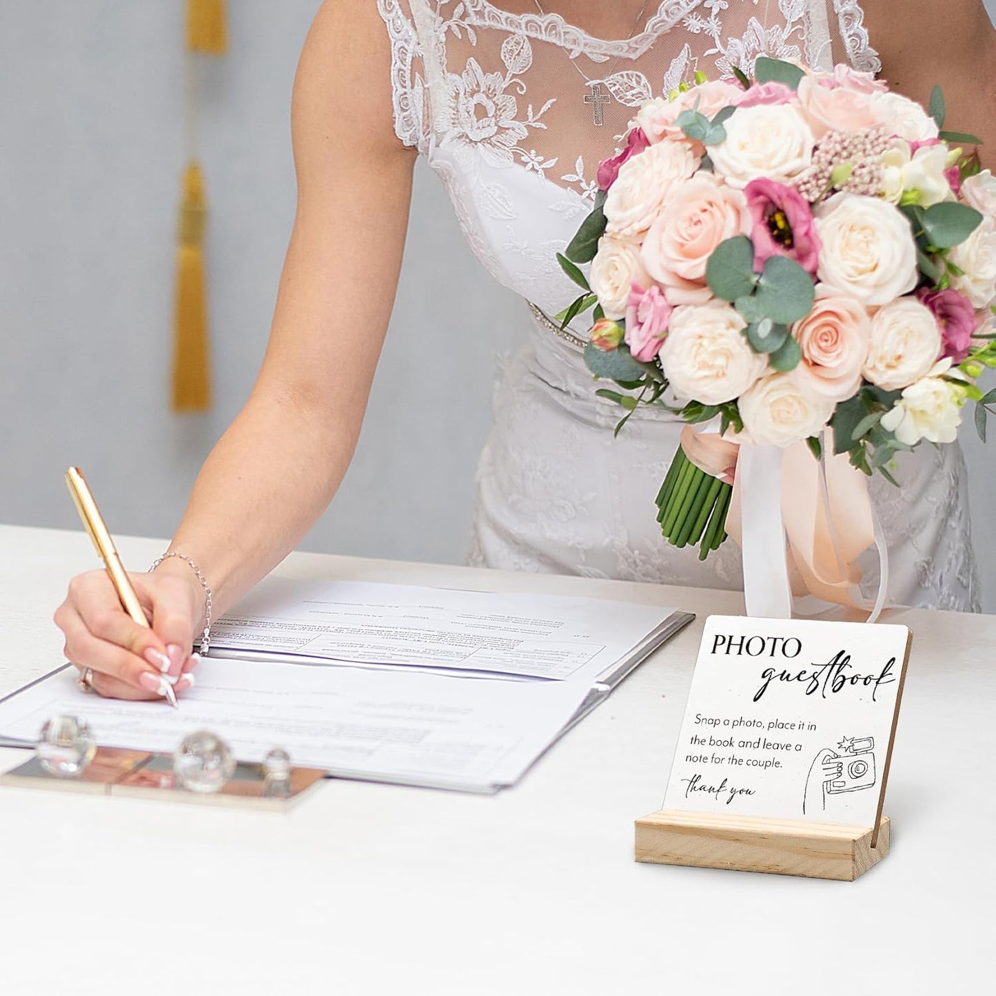 Wedding Guestbook Desk Decor, Wedding Guest Book Sign Wood Plaque, Guest Book Signs forWedding, Photo Guestbook WeddingWooden PlaqueSign with Wood Stand for WeddingReception Decor