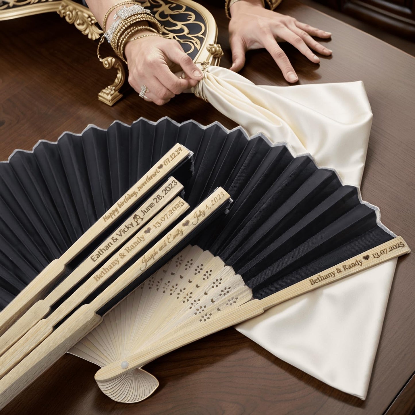 70Pcs Personalized Silk Fans Folding Hand Fan, Custom Wedding Bridal Party Favors, Summer Wedding Bride, Wedding Gift, Thank You Gift (Black)