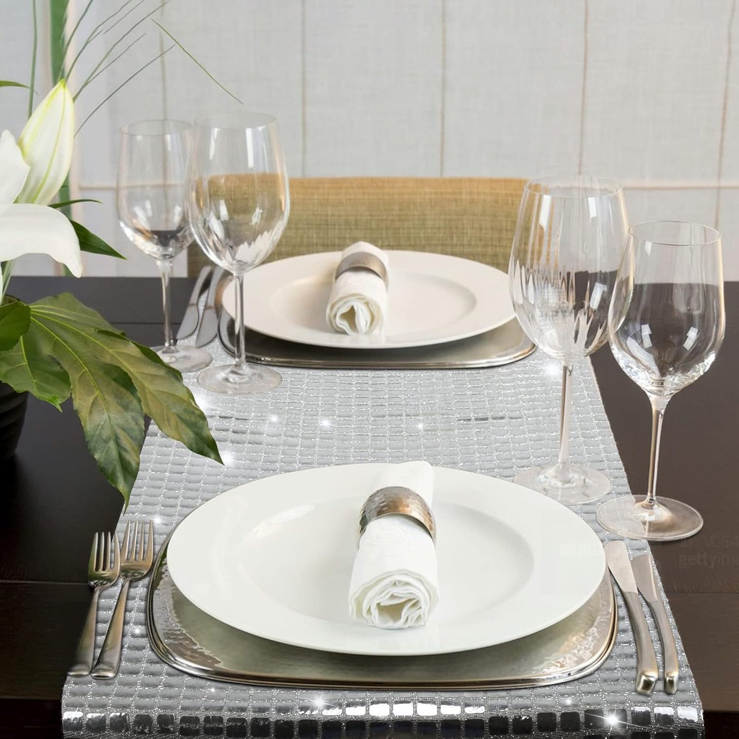 12 x 108 Inches Glitter Disco Table Runner - Retro 70s 80s Theme Decor - Silver Sequin - Bachelorette & Wedding Party Supplies