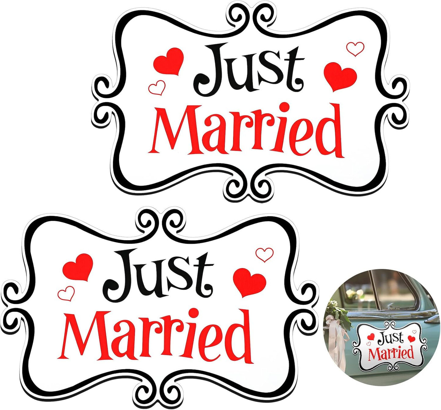 2 Pcs Large Just Married Car Decorations Just Married Car Magnets Sign Decoration 13.9 x 8.8 Inch Honeymoon Rear Tailgate Magnet Stickers for Wedding Door Panel Refrigerator(Black and Red)