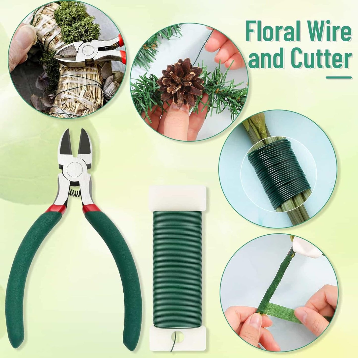 PAXCOO Floral Tape and Wire, Florist Tape and Flower Wire Arrangement Kit with White Ribbon, Boutonniere Pin, Wire Cutter for Bouquets, Crafts, Wreath Making (Dark Green)