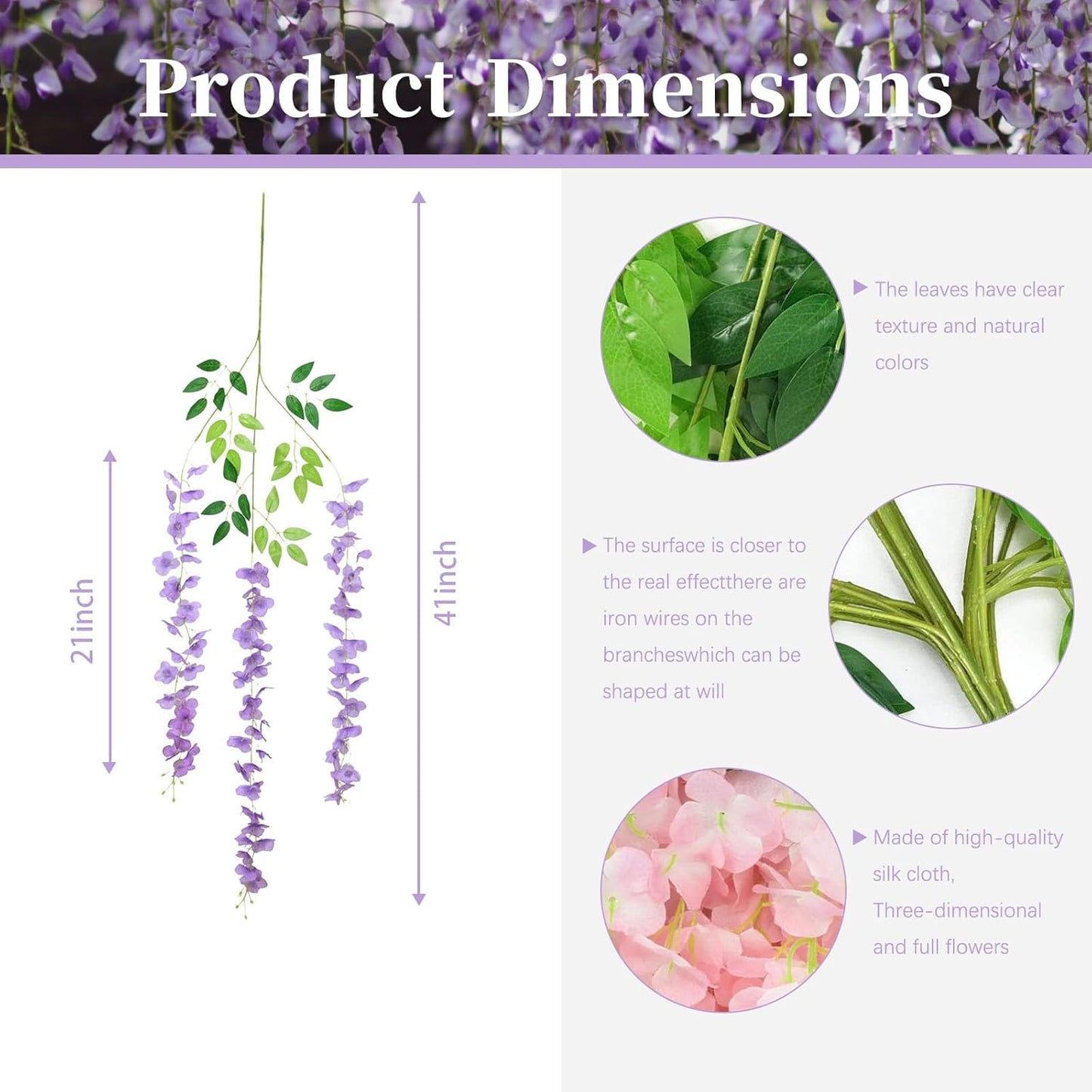 24 Pack Light Purple Wisteria Hanging Flowers, 3.4 Ft Fake Hanging Flowers, Artificial Wisteria Garland Vines for Wedding Room Backdrop Outdoor Patio Garden Decoration