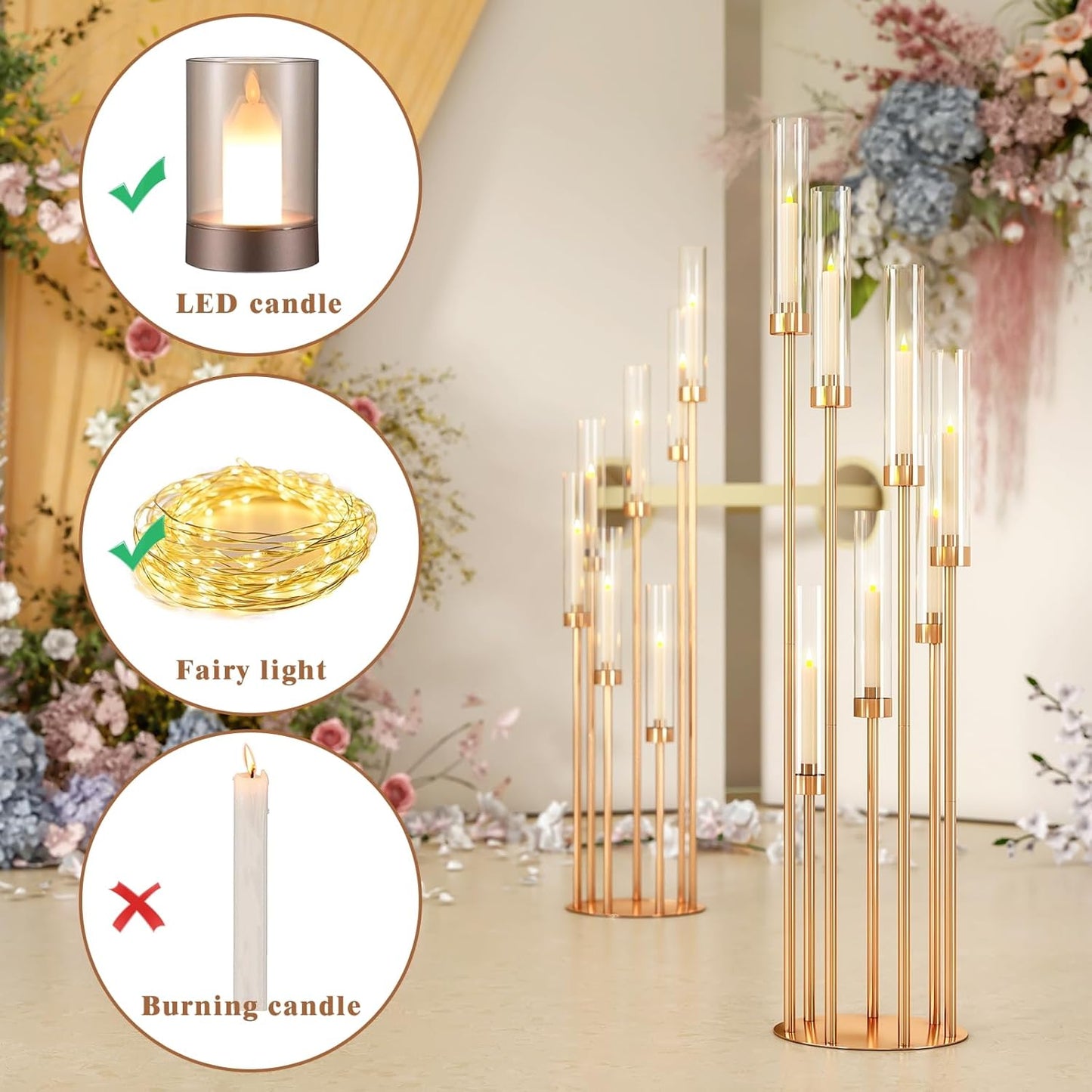 46.5'' Floor Candelabra 7 Arms Floor Candle Holders for Wedding Gold Candle Sticks Holder Decor Metal Candlestick Set with Acrylic Lampshades for Home Party (7 arm Round 46.5in)
