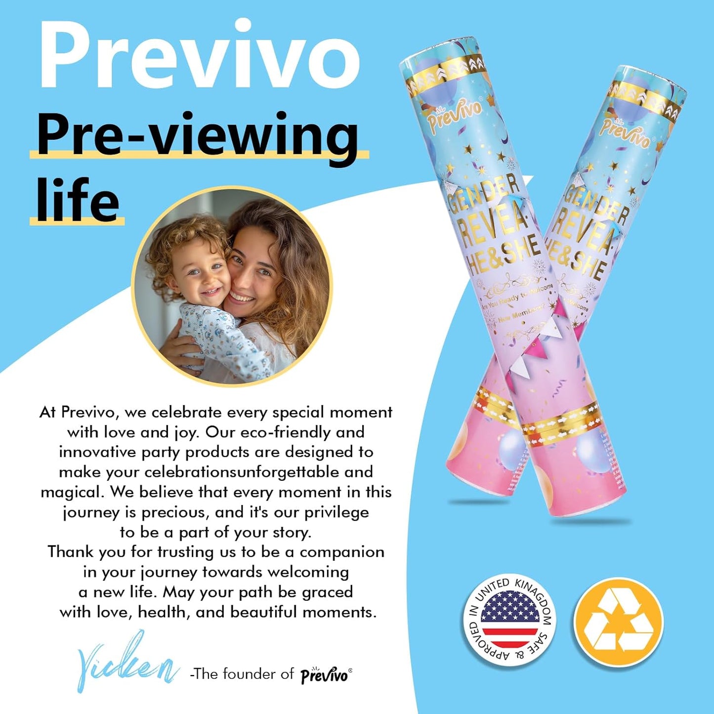 Previvo Gender Reveal Confetti Powder Cannon - 2 Pack Blue Baby Gender Reveal Poppers - 100% Biodegradable Powder Smoke - Ideas Party