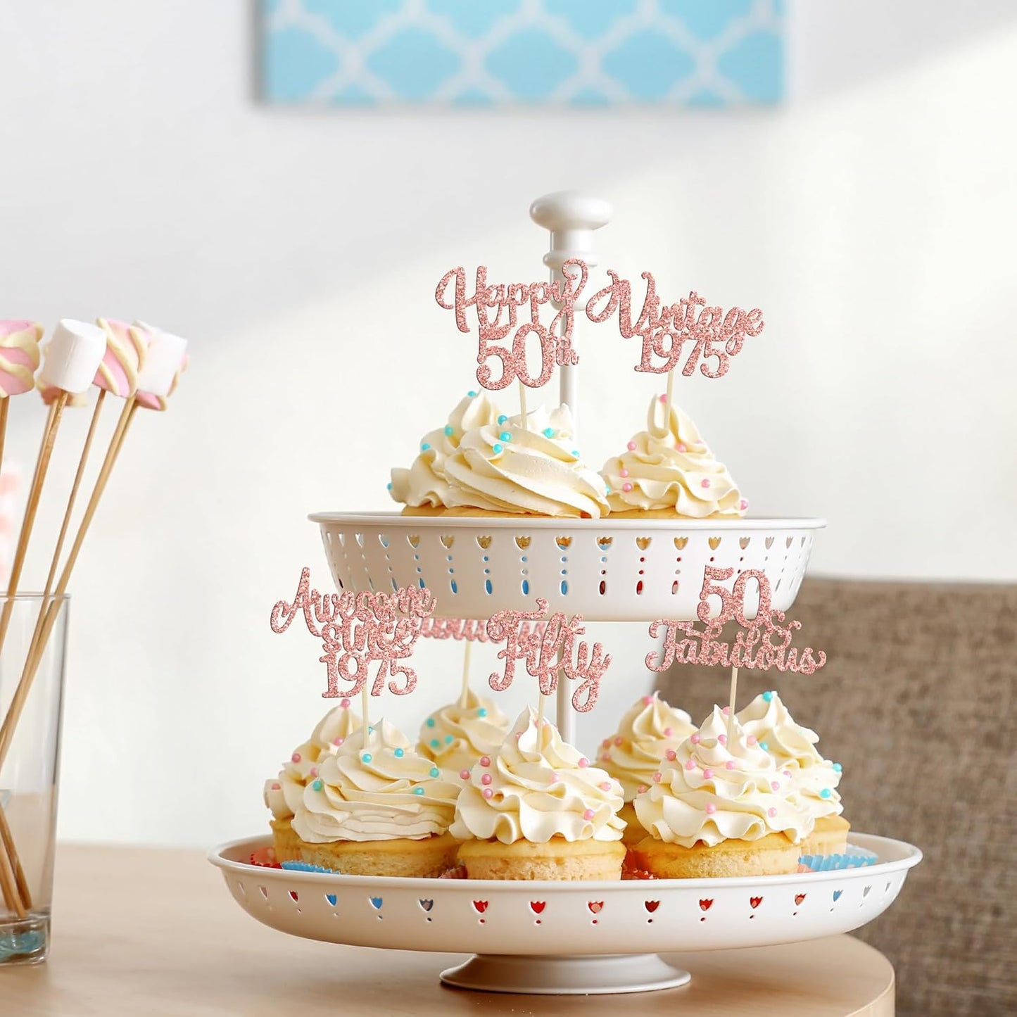 30Pcs Vintage 1975 Cupcake Toppers Glitter Fifty 50 Fabulous Happy 50th Birthday Cupcake Picks Cheers to 50 Years for 50th Birthday Anniversary Party Cake Decorations Supplies Rose Gold