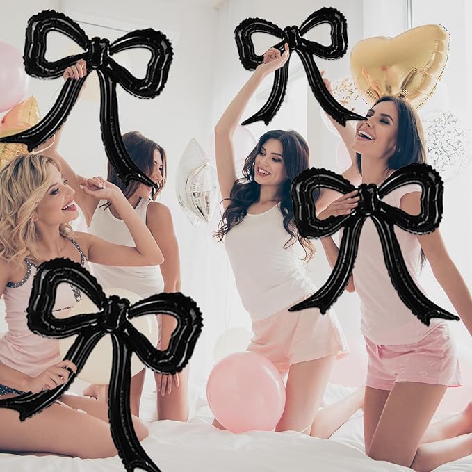 4pcs Black Bow Foil Balloons Bow Mylar Balloon Set for Coquette Birthday, Bridal Shower, Bachelorette Party, Martini Decor supply,Cheetah,Black and White Bow Theme Party Decorations