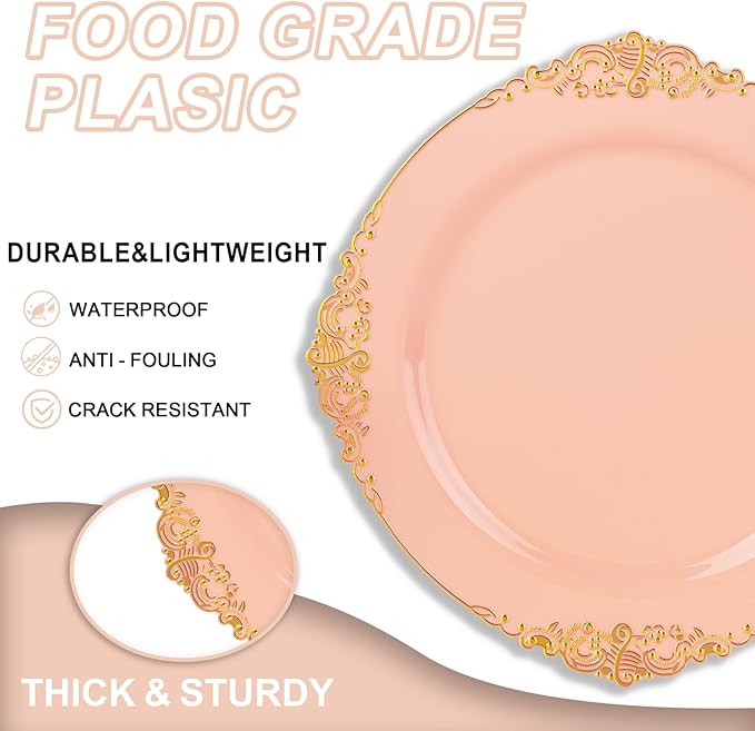 125PCS Peachy Pink Plastic Plates - Elegant Pink and Gold Dinnerware Set - Heavy Duty Disposable Plates with Gold Silverware Sets for 25 Guests for Wedding & Valentine's Day & Bridal Shower