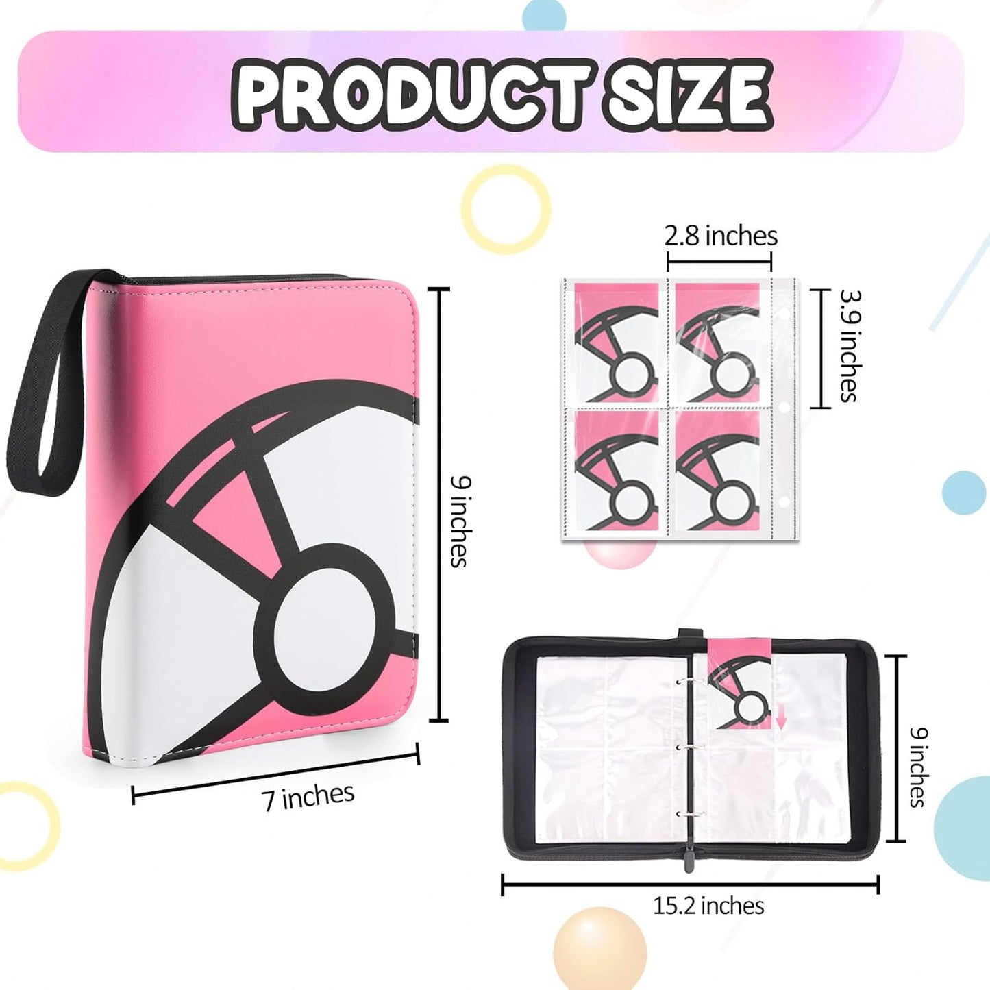 Trading Card Binder 4-Pockets, 400 Pockets Card Holder with 50 Removable Sleeves, Large Capacity & Waterproof Zipper Album Holder for Trading Card Collector，Portable Card Album Book for Card-Pink