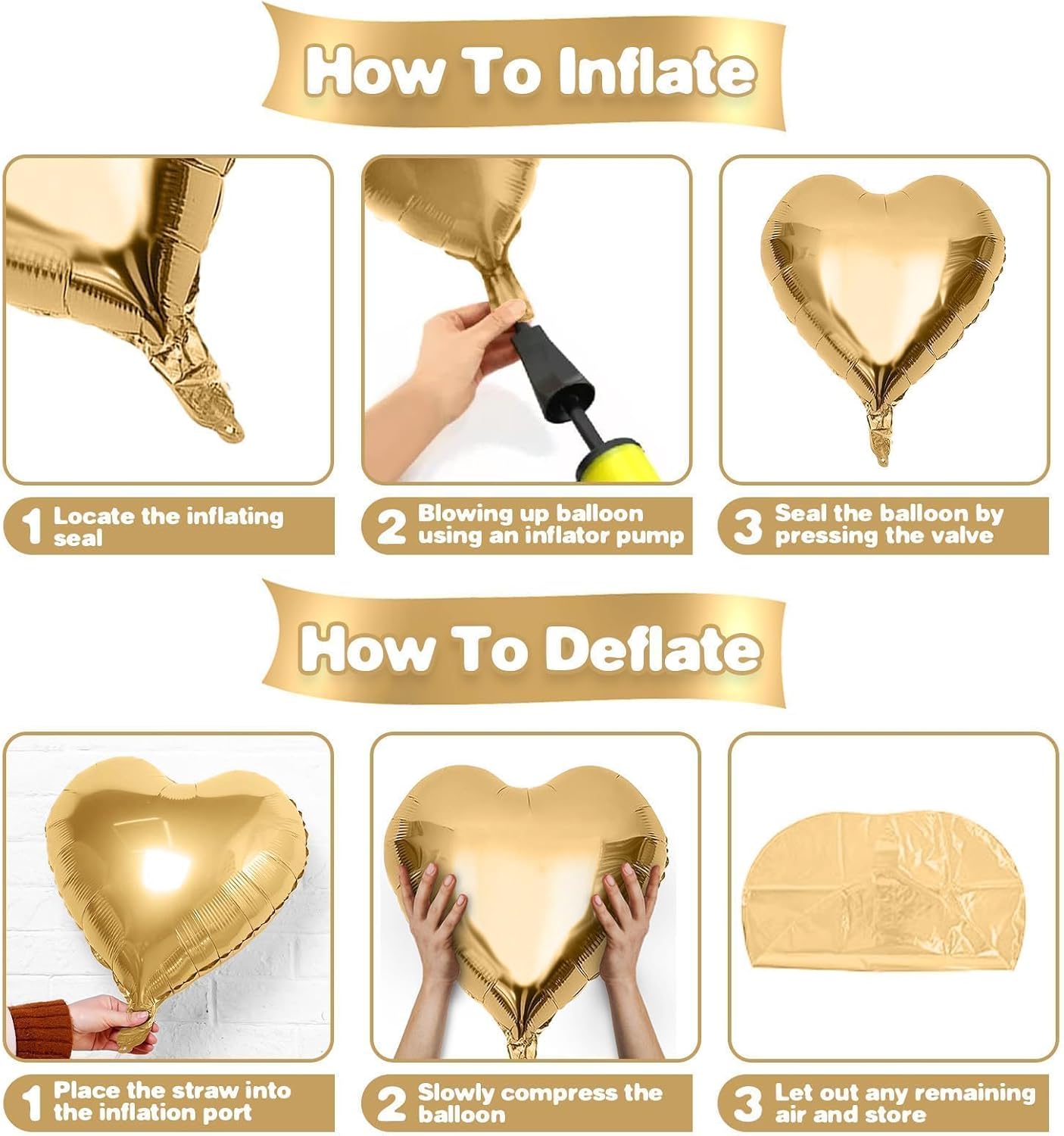 Gold White Heart Balloons,12Pcs 18 Inch Metallic Gold Cream Foil Love Heart Shaped Balloons for Birthday Party Wedding Engagement Anniversary Graduation Baby Shower Valentines Day Decorations