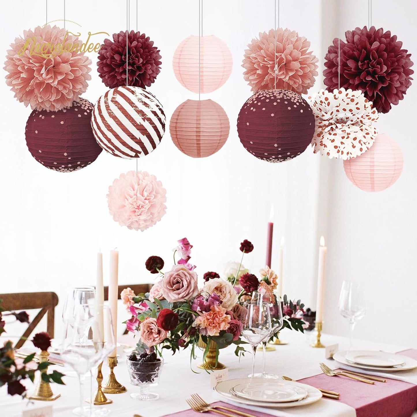 NICROLANDEE Burgundy Party Decorations 12PCS Hanging Paper Lanterns Tissue Pom Poms Decor for Retirement Party Birthday Anniversary Valentines Day Decorations