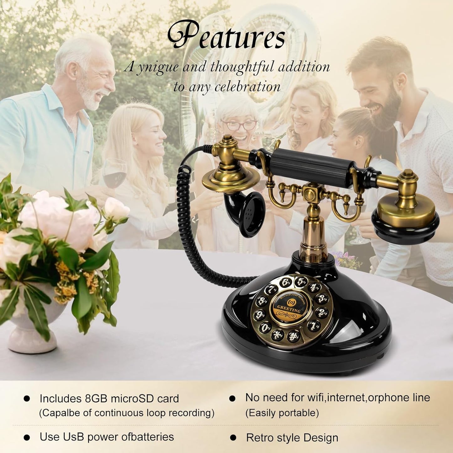 Audio Guest Book Wedding Phone,Audio Guestbook Phone Vintage Style Audio Message Voicemail for Graduation Retirement Party Birthdays Baby Shower Special Occasions (Black)