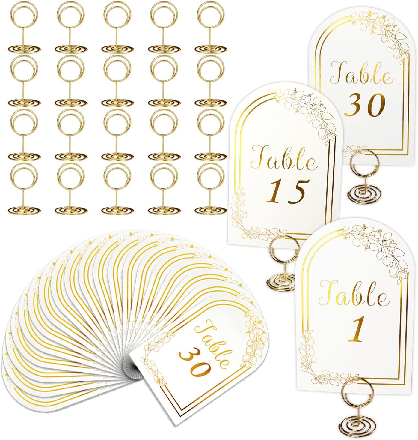 Wedding Table Numbers 1-30, 30 White Gold TableNumber Cards with 30 Gold Number Holders, 1 Set of 30 Table Numbers for Wedding Reception(Card and Holder)