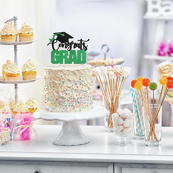 Congrats Grad Cake Topper - High Sohool/College Graduation Party Decoration Supplies - Congratulations Class of 2025 Party Cake Decorations (Green)