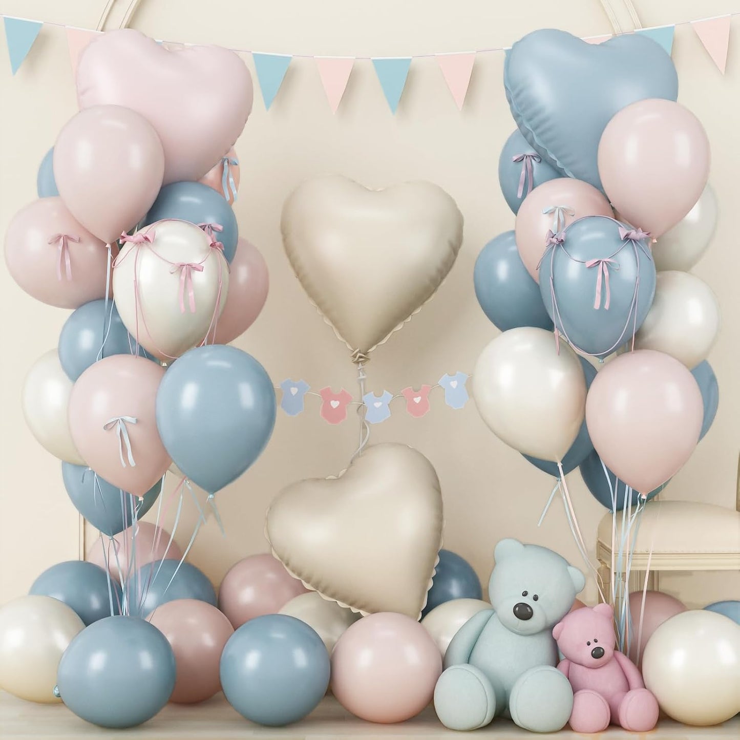 Pale Dusty Pink and Blue Balloons 18 Inch Heart Balloon *4, Pastel Dusty Blue Pink Cream White Gender Reveal Decorations for Baby Shower Boy Girl Neutral Heart Mylar Shape Foil Balloons as Boho Decor