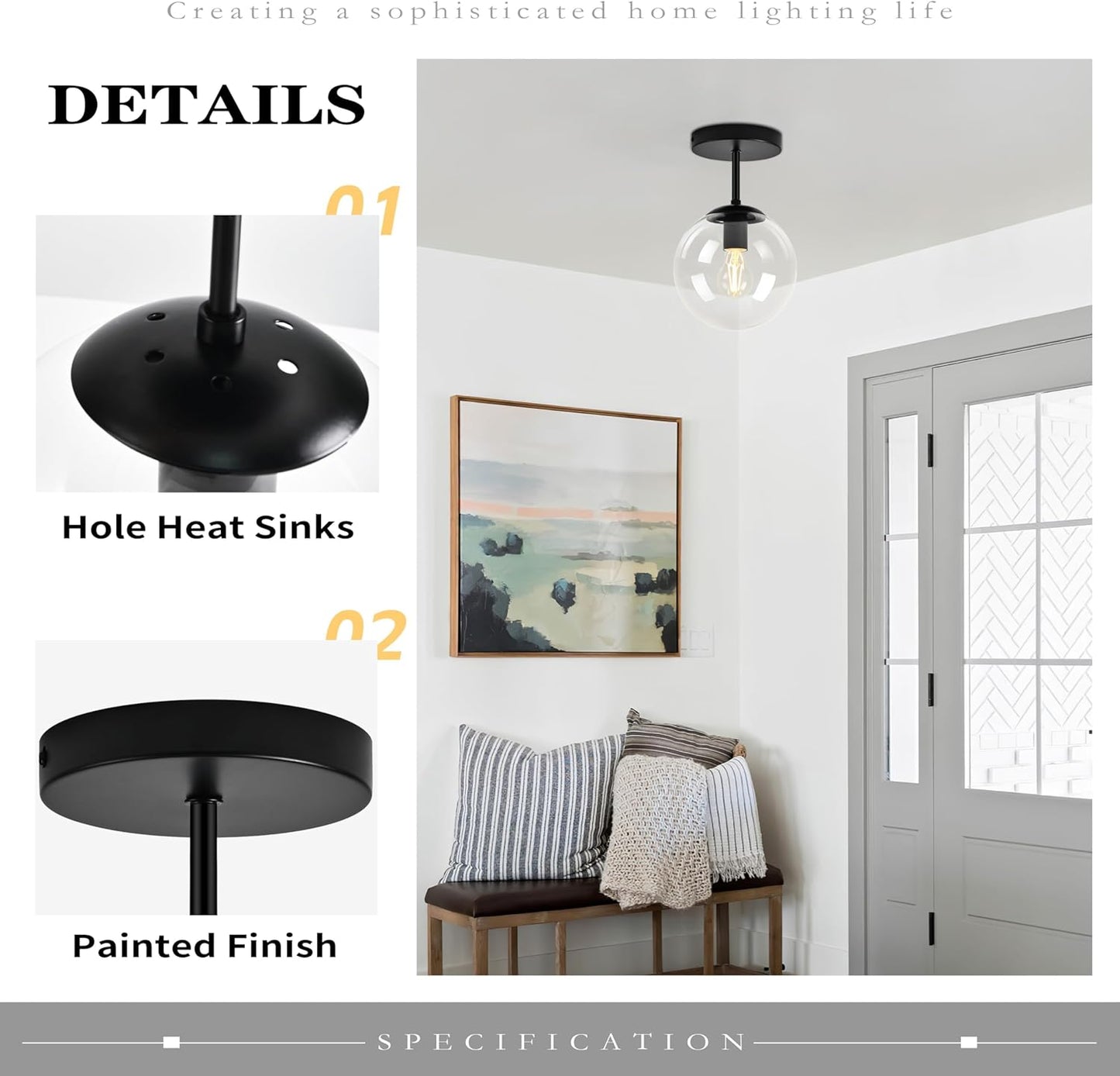 Globe Semi Flush Mount Ceiling Light, Clear Glass with Matte Black Finish, Mid Century Modern Light Fixture Ceiling, Hallway Living Room Kitchen Bedroom Storage Schoolhouse Laundry(LED Bulb Incl.)