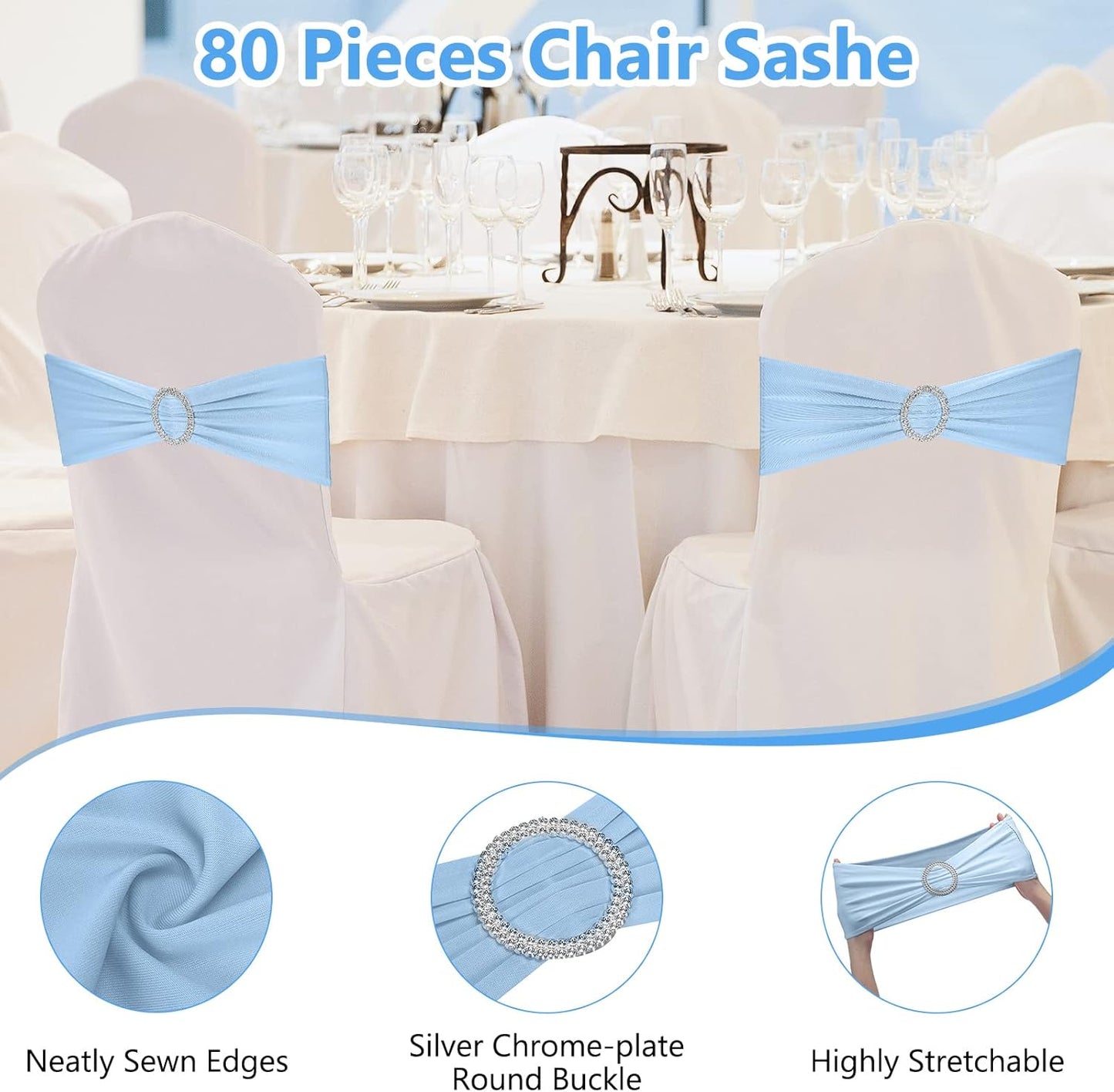 CHENGU 150 Pieces Spandex Stretch Chair Sashes Bows Elastic Chair Cover Bands Ties with Buckle Slider for Wedding Party Reception Events Universal Ceremony Banquet Decorations (Sky Blue)