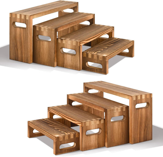 8 Pcs Wood Risers Display Stands, 2 Set Wooden Risers for Table Display, 4 Tier Rectangular Riser Display Stand Wooden for Cupcake, Desserts, Perfume, Collections, Jewelry Showcase