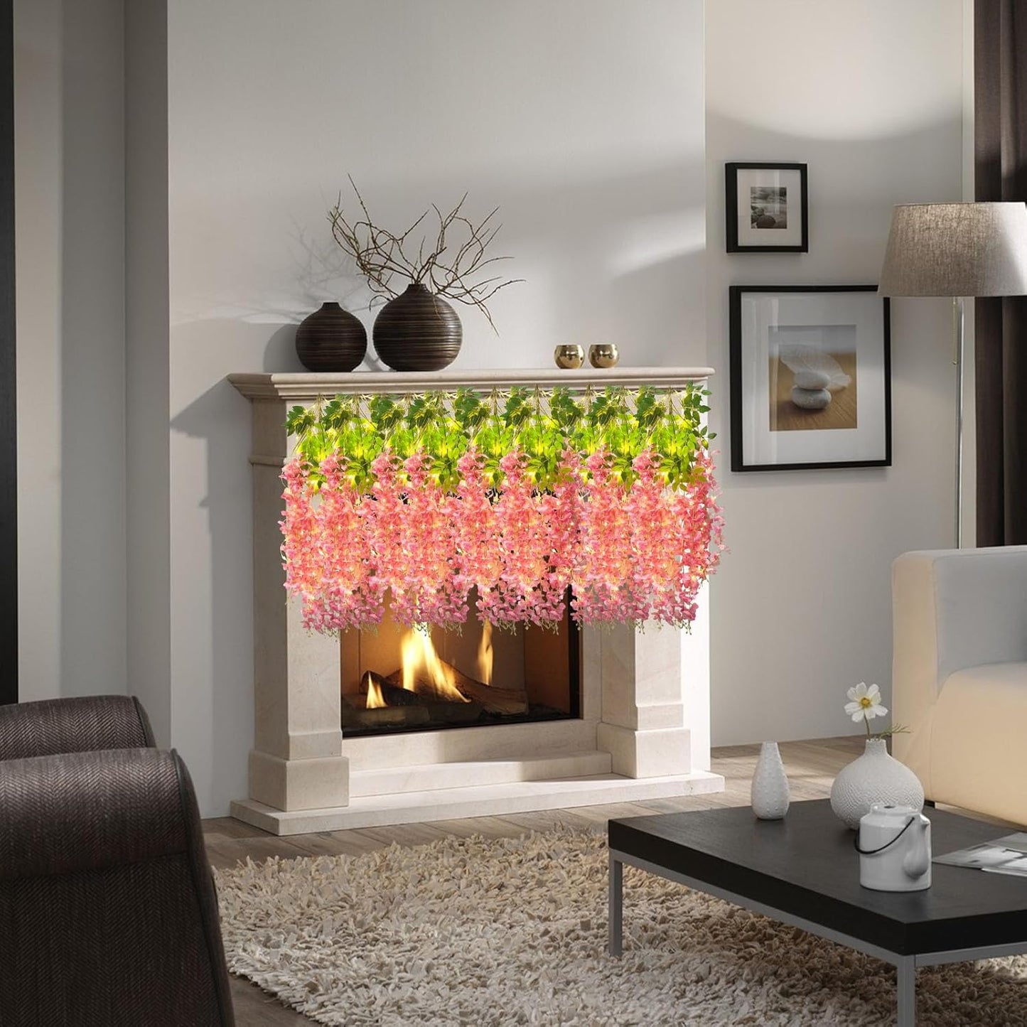 12 Pack Dark Pink Wisteria Hanging Flowers Garland with Lights, 3.44 Feet Artificial Flower Vines, Fake Wisteria, Artificial Vines Hanging Garland for Backdrop Outdoor Patio Garden Decor