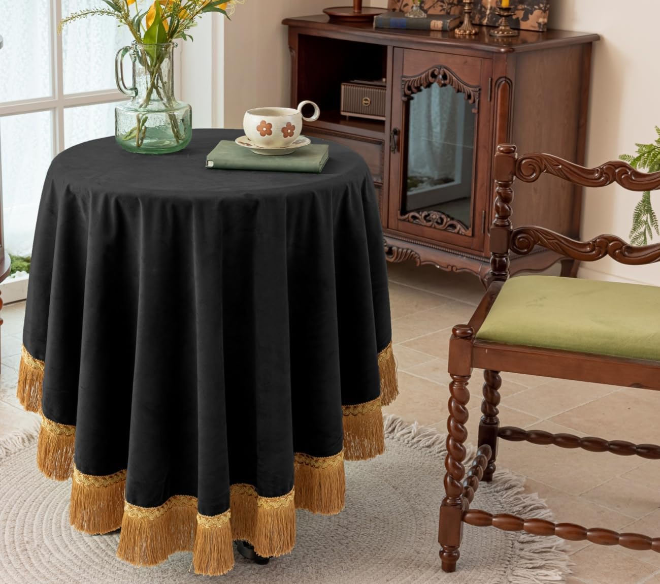 F-CHU Luxury Black Tablecloth Thickset Velvet Tablecloth with Beautiful Gold Tassels Vintage Table Cloth for Home Decor Wedding, Party, Banquet and Events 60" Round