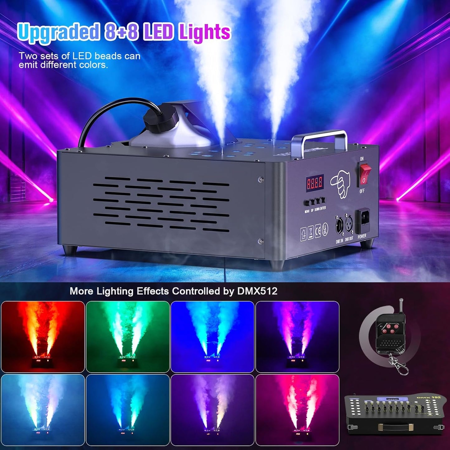 2000W Professional Fog Machine Dual Nozzle with 16 RGB LED, DMX Control Adjustable Smoke Direction, 2.5L Tank LCD Display 30000CFM for Halloween Christmas Stage DJ Party Club Events-8PC