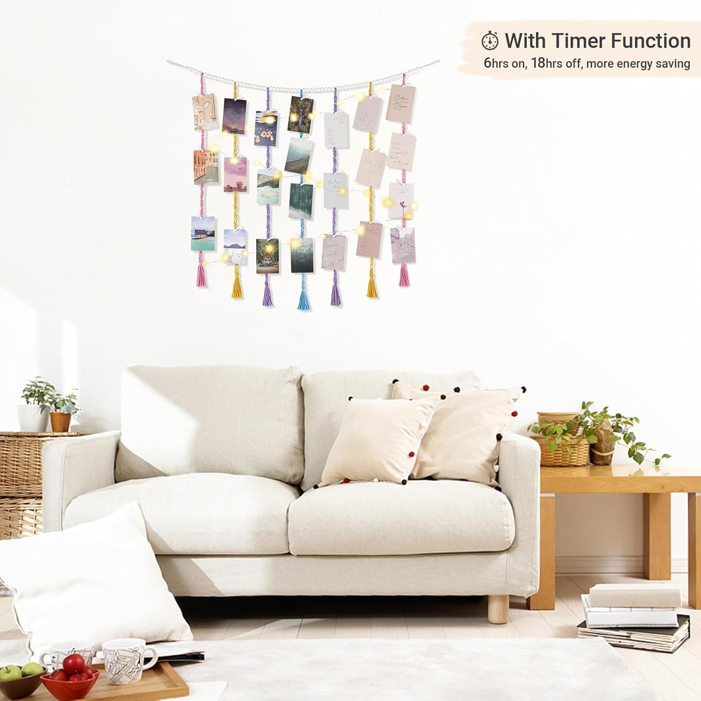 Mkono Macrame Hanging Photo Display Wall Decor with String Lights, Boho Wooden Beads Garland Collage Picture Card Frame Holder with 45 Clips for Bedroom Living Room Dorm, Teen Girls Christmas Gifts