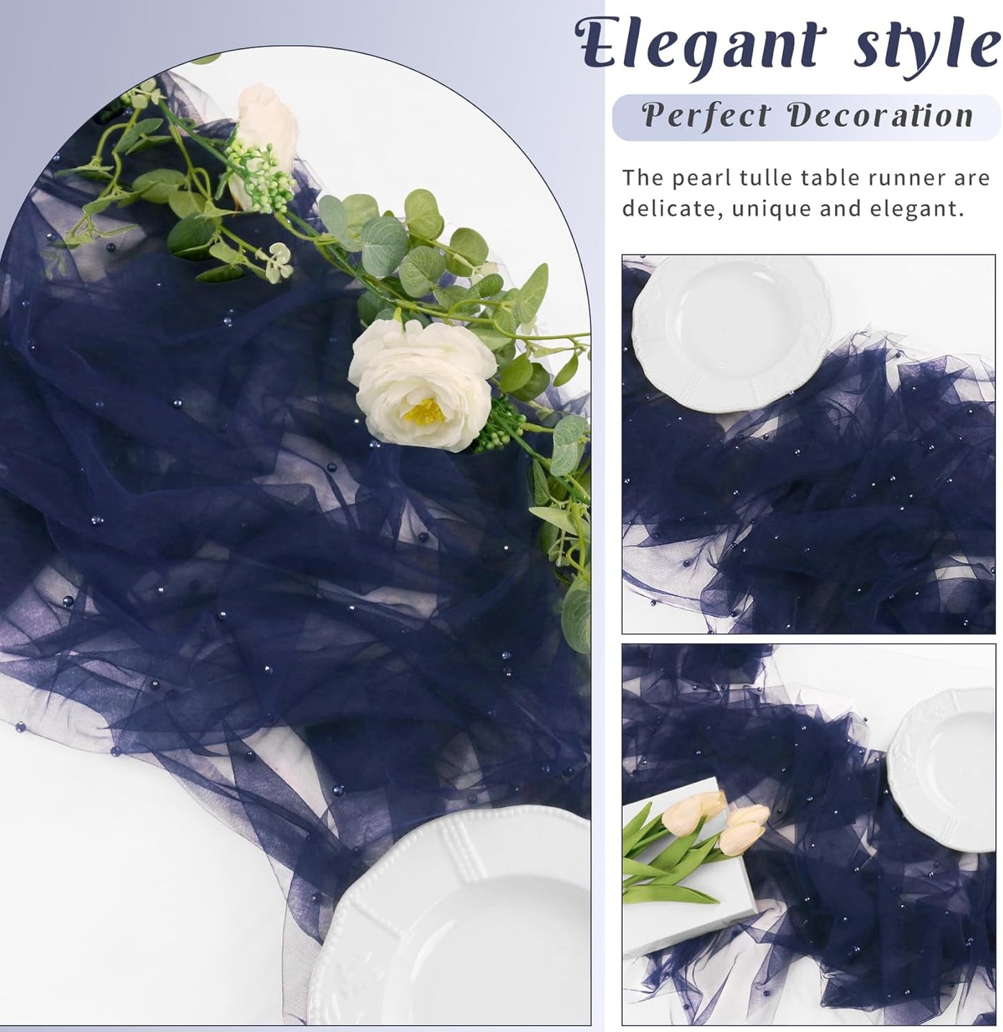 Set of 6 Pearl Table Runner 29 x 120 Inch Tulle Fabric Lace Table Runners Boho Rustic Tablecloth for Bridal Shower Birthday Party Wedding Arch Aisle Veil Dessert Table Decor(Navy Blue)