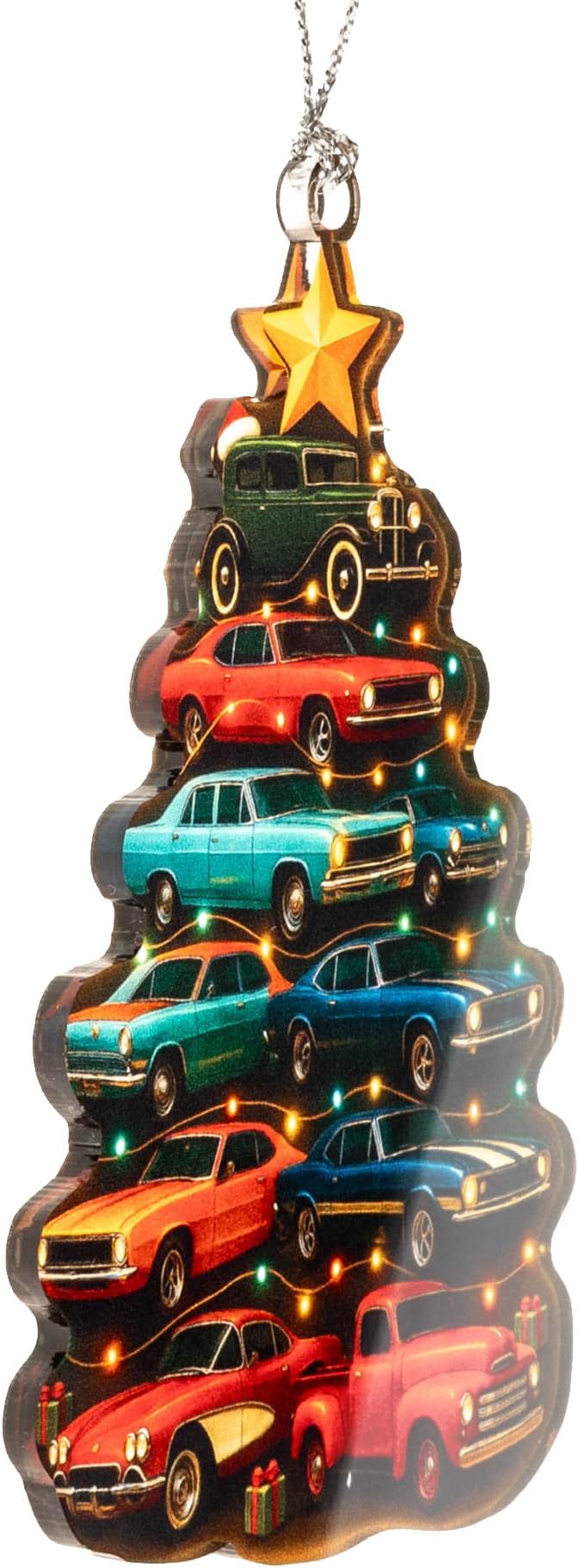 Car Ornament – Classic Cars Christmas Decor – Vintage Auto Gift – Retro Muscle Cars Ornament – Holiday Card – Christmas Tree Decoration – Suncatcher Effect Stained Glass Window Hanging – Car Hanging
