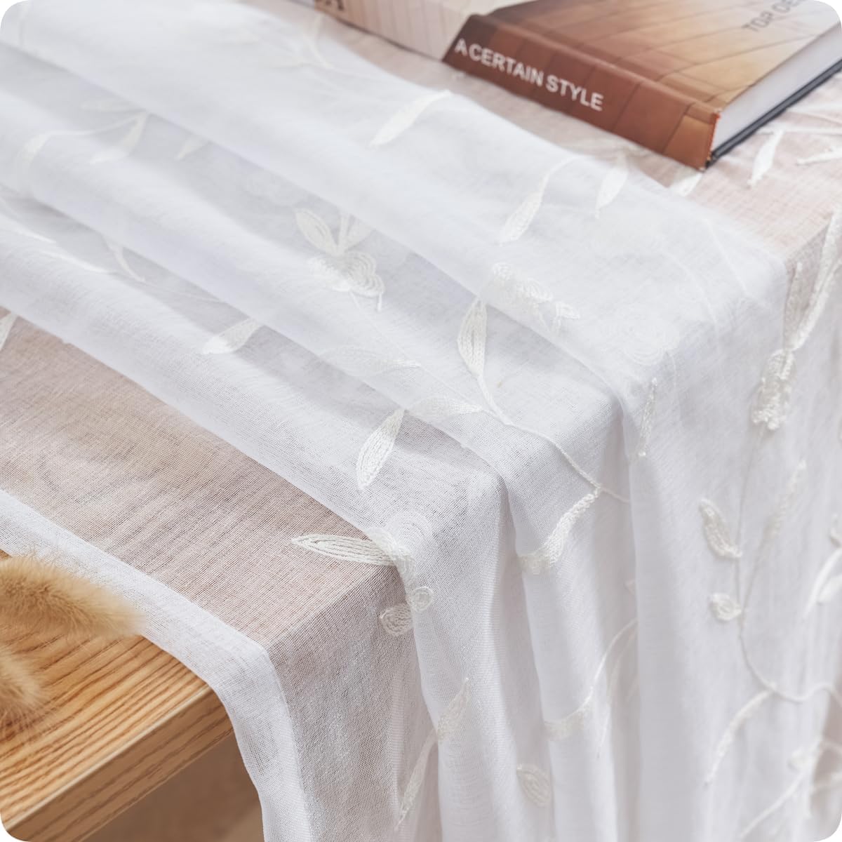 White Sheer Curtains Embroidery 72 Inch Length Rod Pocket Voile Drapes for Living room, Bedroom, Outdoor, Nursery Curtain Semi Flower Curtain Panels for Baby, Womaen, Garden, Lawn, Set of 2, 52"x 72".